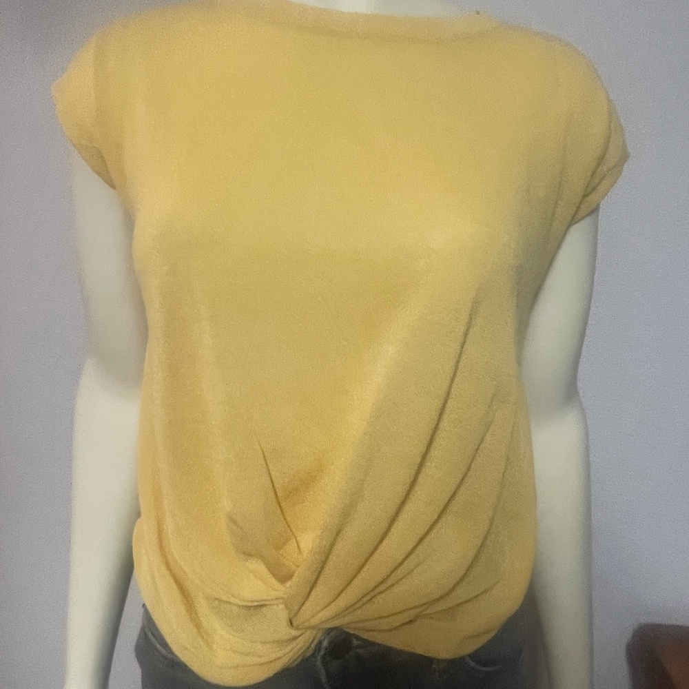 T Tahari Womens yellow Sheer Front Knot Pullover Top Size Small